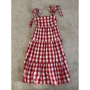 Storia Red White Gingham Cottage Milkmaid Midi Tie Strap Tiered Dress Size Small